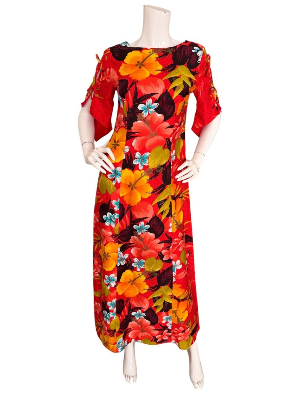 REEF Hawaii Vintage 60s 70s Dress Hibiscus Floral Pake Split Sleeve Maxi Size 8